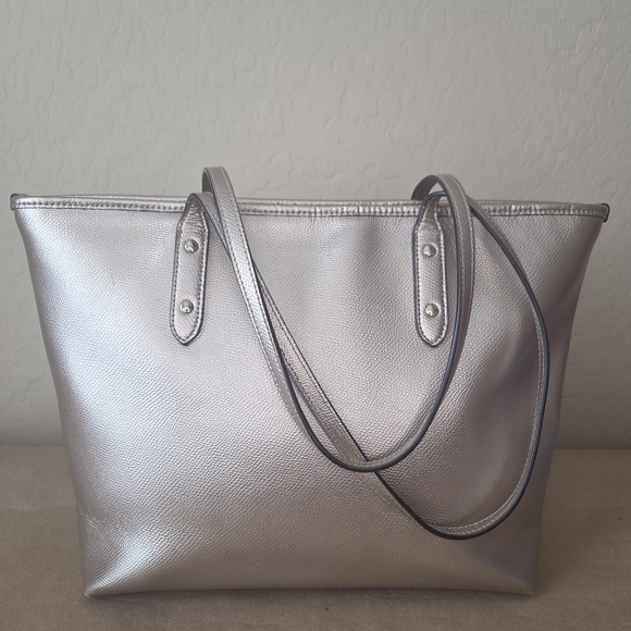 COACH Metallic Pebbled Leather Zip Top Tote Bag - Gold/Platinum - Picture 4 of 11